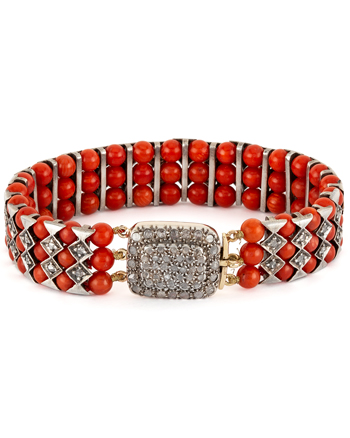 Bratara vintage din argint cu aur de 14k, coral si diamante naturale