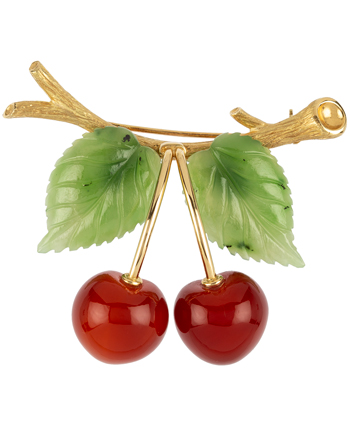 Brosa vintage din aur de 18k cu jad si carneol naturale