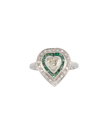 Inel vintage din aur alb de 18k cu smaralde si diamante naturale