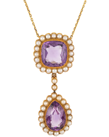 Colier autentic victorian din aur de 18k cu ametist si perlute
