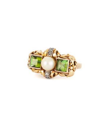 Inel Art Deco din aur de 14k cu turmalina verde, perla si diamante naturale