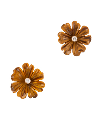 Cercei vintage din aur de 18k cu flori sculptate in ochi de tigru si diamante naturale