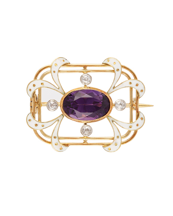 Brosa vintage din aur de 18k cu email, ametist si diamante naturale
