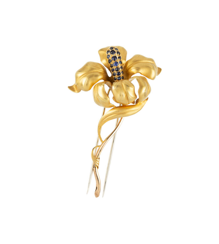 Brosa vintage din aur de 18k cu safire naturale