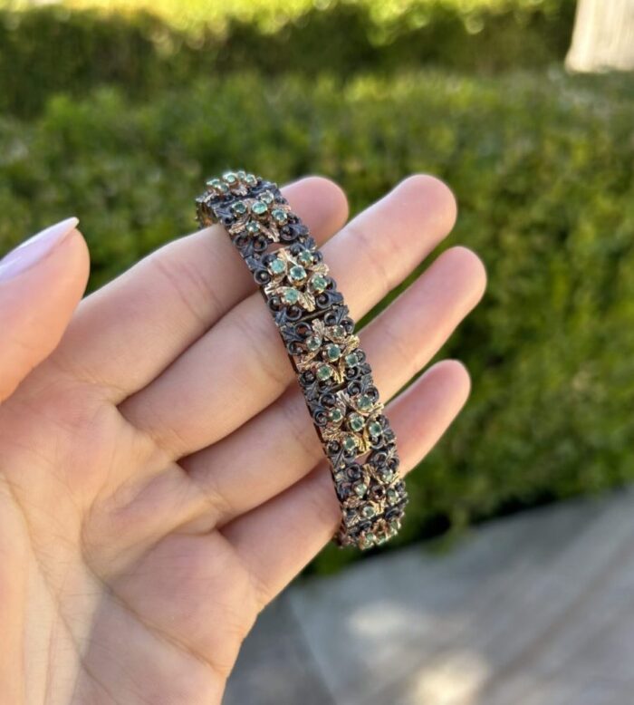 Bratara vintage din aur de 18k si argint cu smaralde naturale
