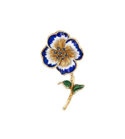 Brosa vintage din aur de 14k cu email si safire naturale