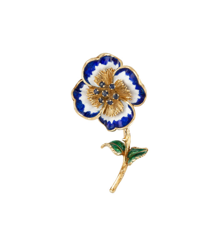 Brosa vintage din aur de 14k cu email si safire naturale