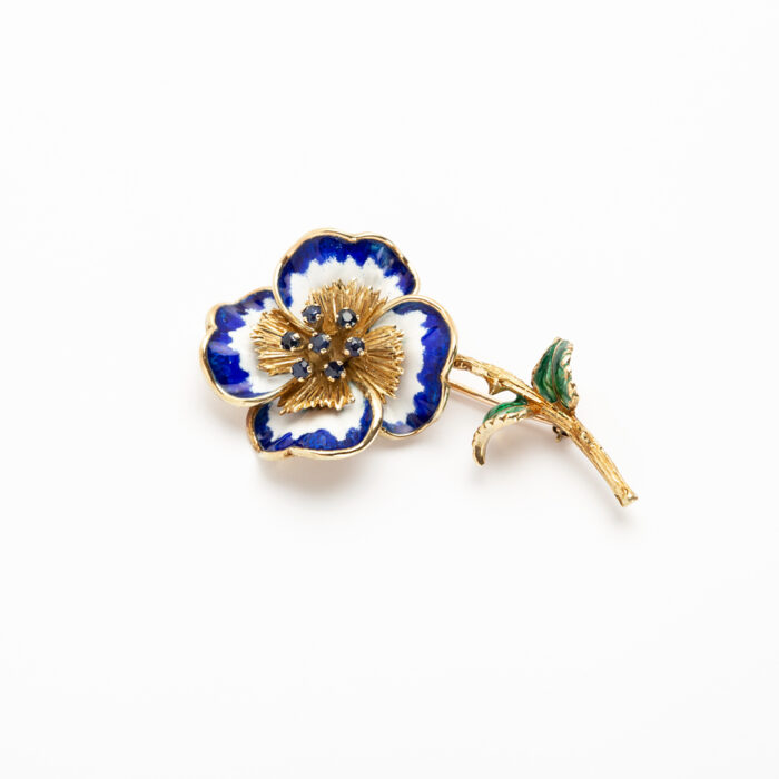 Brosa vintage din aur de 14k cu email si safire naturale