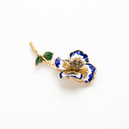 Brosa vintage din aur de 14k cu email si safire naturale