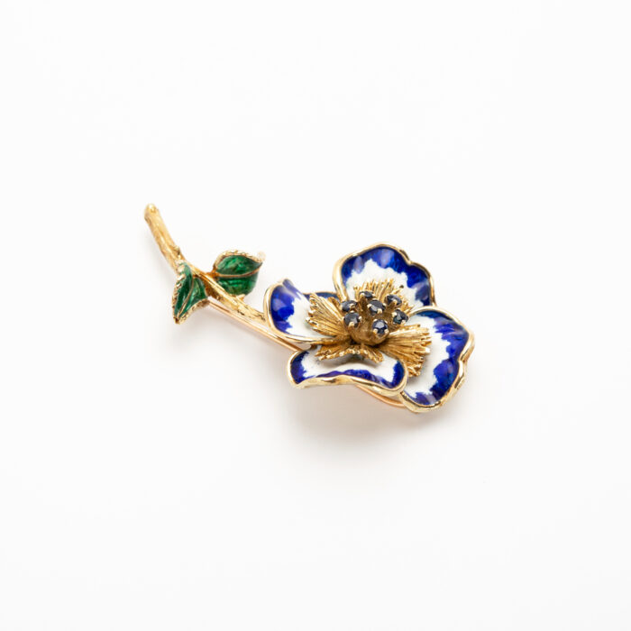 Brosa vintage din aur de 14k cu email si safire naturale