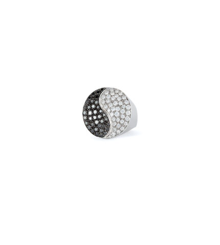 Inel Yin si Yang din aur alb de 18k cu diamante albe si negre