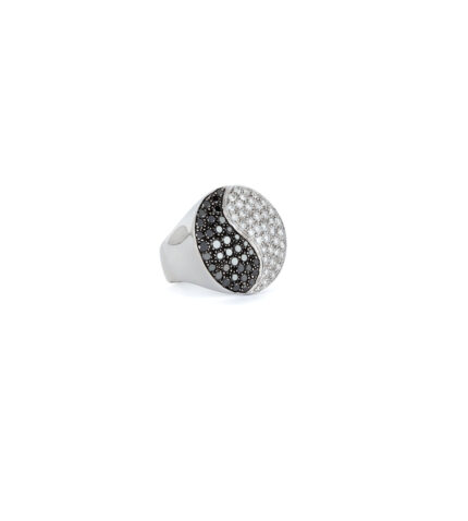 Inel Yin si Yang din aur alb de 18k cu diamante albe si negre