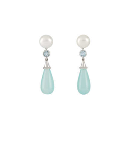 Cercei lungi aur alb de 14k cu perle, topaz, acvamarin si diamante naturale