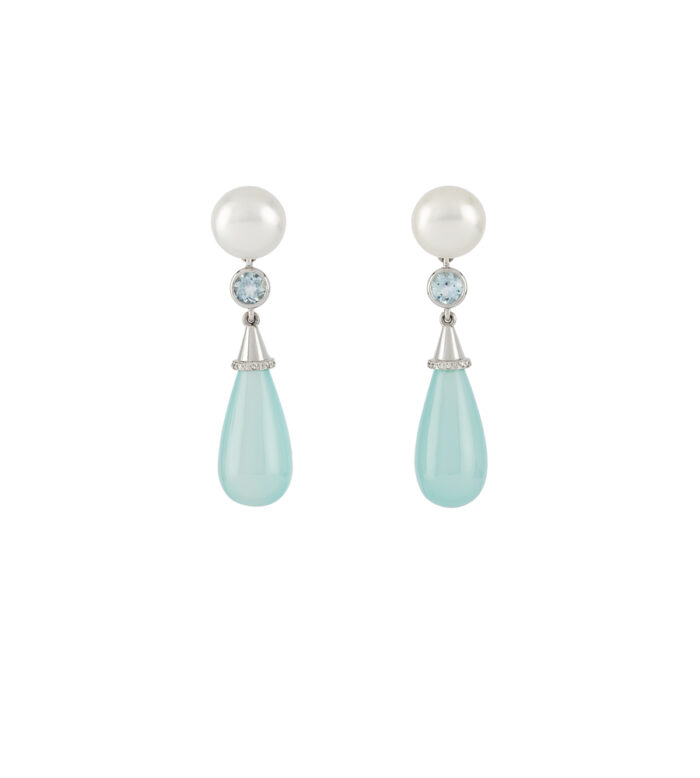 Cercei lungi aur alb de 14k cu perle, topaz, acvamarin si diamante naturale