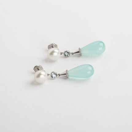Cercei lungi aur alb de 14k cu perle, topaz, acvamarin si diamante naturale