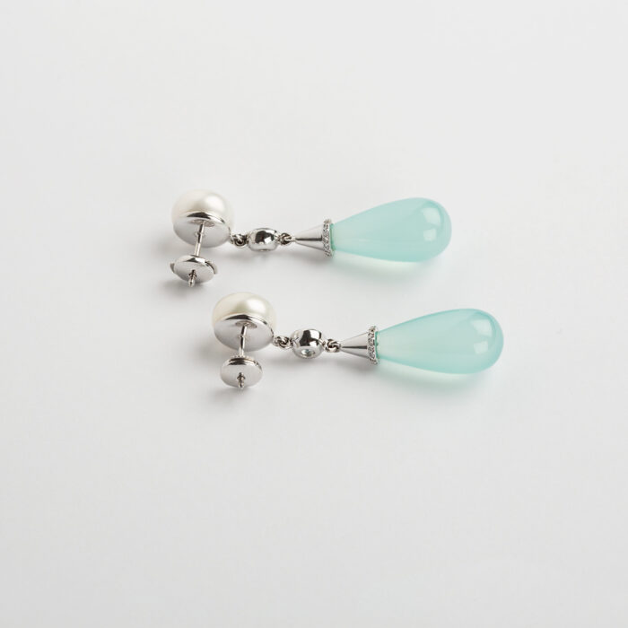 Cercei lungi aur alb de 14k cu perle, topaz, acvamarin si diamante naturale