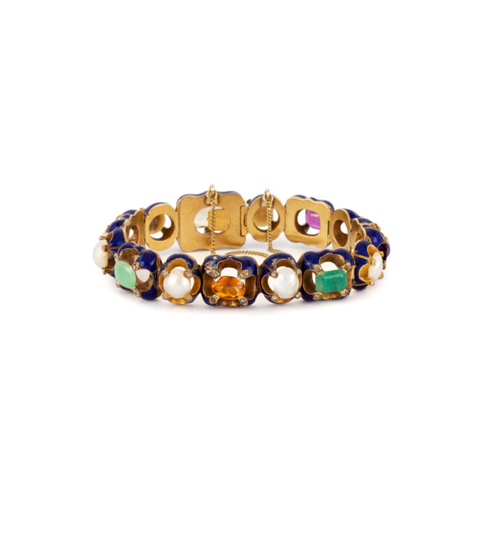 Bratara vintage din aur de 18k smarald, rubin, opal, citrin, ametist, diamante si perle naturale