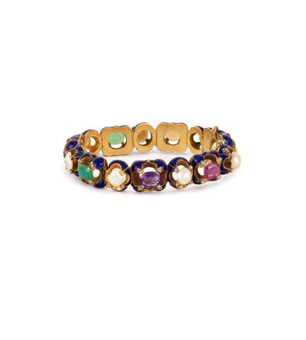 Bratara vintage din aur de 18k smarald, rubin, opal, citrin, ametist, diamante si perle naturale