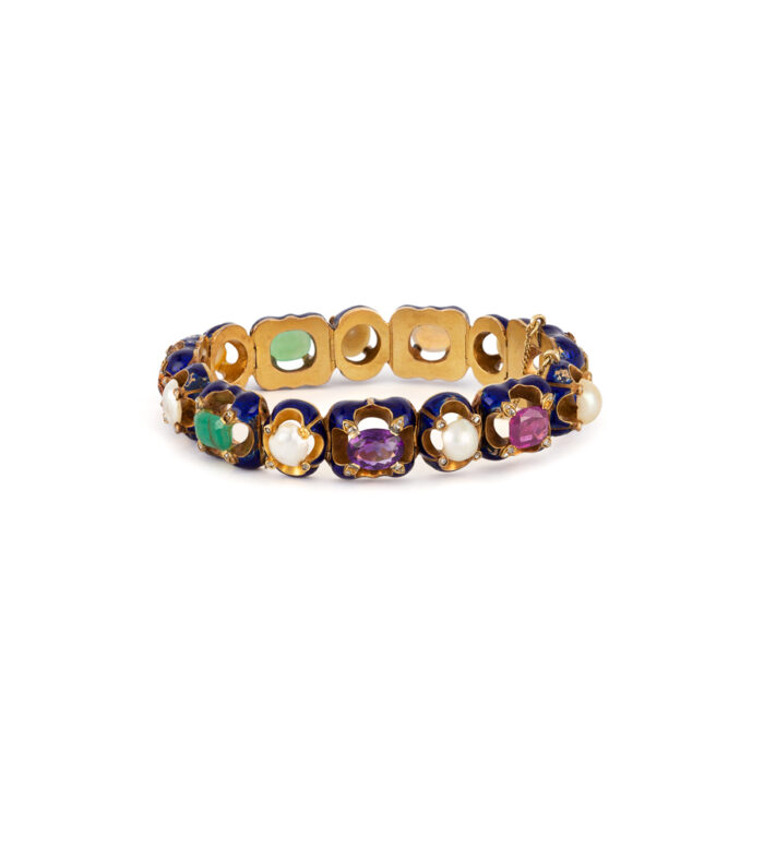 Bratara vintage din aur de 18k smarald, rubin, opal, citrin, ametist, diamante si perle naturale