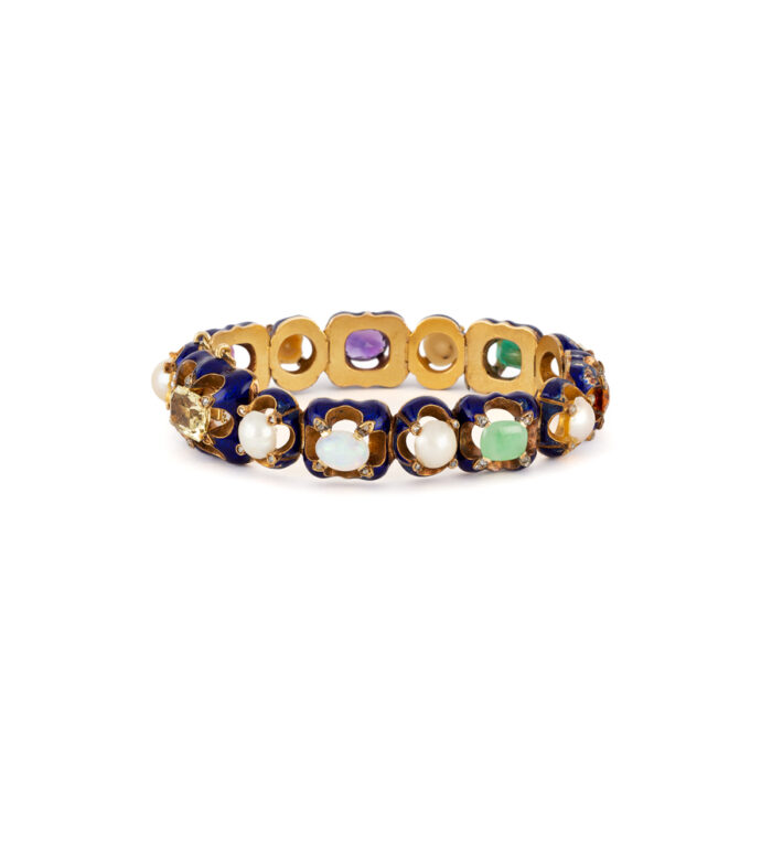 Bratara vintage din aur de 18k smarald, rubin, opal, citrin, ametist, diamante si perle naturale