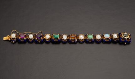 Bratara vintage din aur de 18k smarald, rubin, opal, citrin, ametist, diamante si perle naturale