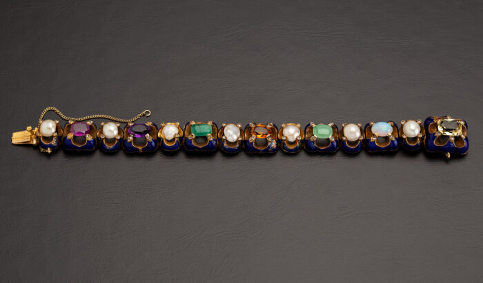 Bratara vintage din aur de 18k smarald, rubin, opal, citrin, ametist, diamante si perle naturale