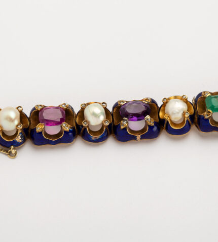 Bratara vintage din aur de 18k smarald, rubin, opal, citrin, ametist, diamante si perle naturale