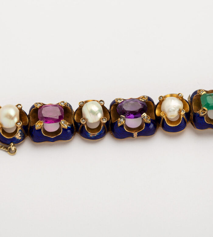 Bratara vintage din aur de 18k smarald, rubin, opal, citrin, ametist, diamante si perle naturale
