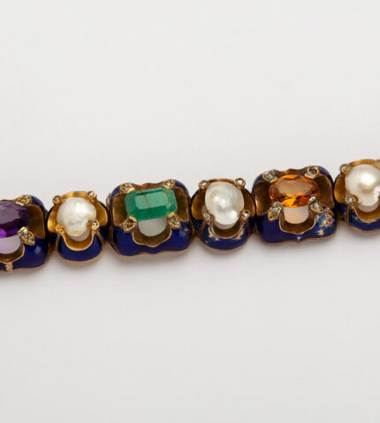 Bratara vintage din aur de 18k smarald, rubin, opal, citrin, ametist, diamante si perle naturale