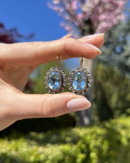 Set vintage din aur de 18k cu topaz si diamante naturale