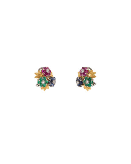 Cercei vintage din aur de 18k cu smaralde, safire, rubine si diamante naturale