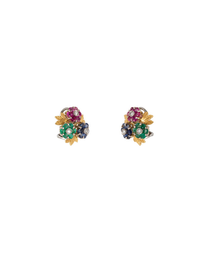 Cercei vintage din aur de 18k cu smaralde, safire, rubine si diamante naturale
