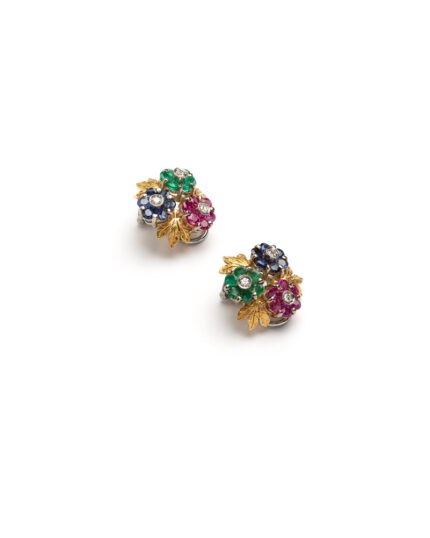 Cercei vintage din aur de 18k cu smaralde, safire, rubine si diamante naturale