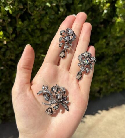 Set din perioada Victoriana din aur de 14k si argint cu diamante naturale