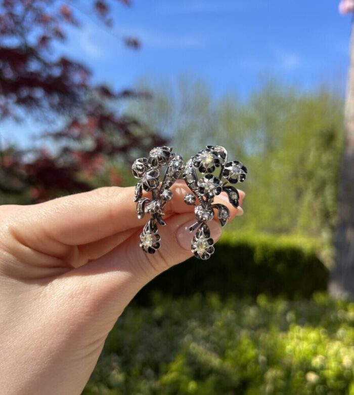 Set din perioada Victoriana din aur de 14k si argint cu diamante naturale
