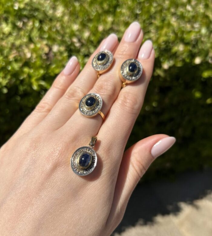 Set vintage din aur de 18k cu safire si diamante naturale