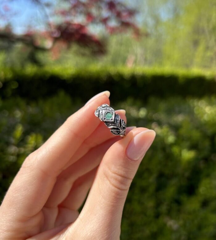 Inel vintage din aur de 12k si argint cu smarald si diamante naturale