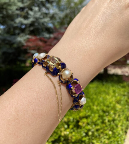 Bratara vintage din aur de 18k smarald, rubin, opal, citrin, ametist, diamante si perle naturale