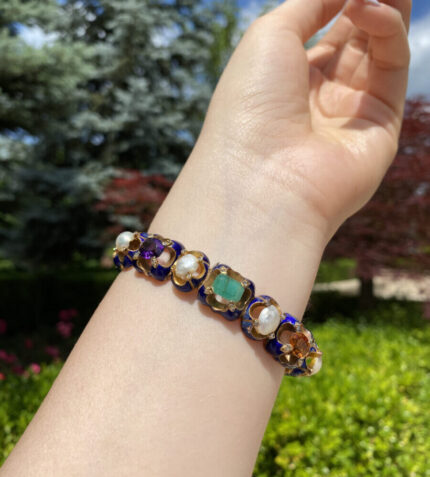 Bratara vintage din aur de 18k smarald, rubin, opal, citrin, ametist, diamante si perle naturale