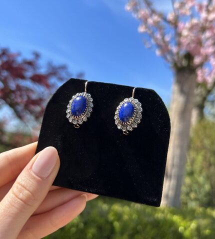 Cercei vintage din aur de 12k cu lapis lazuli si anturaj diamante naturale