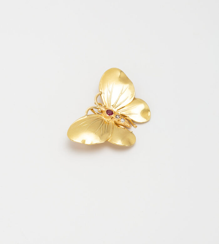 Brosa vintage din aur de 18k cu rubin si diamante naturale
