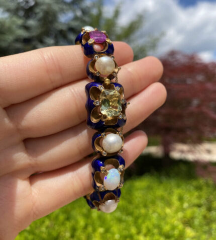 Bratara vintage din aur de 18k smarald, rubin, opal, citrin, ametist, diamante si perle naturale