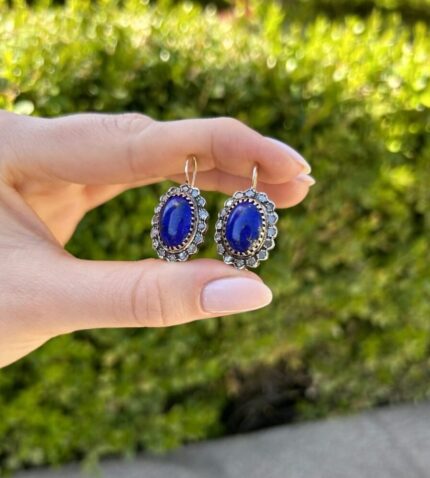 Cercei vintage din aur de 12k cu lapis lazuli si anturaj diamante naturale