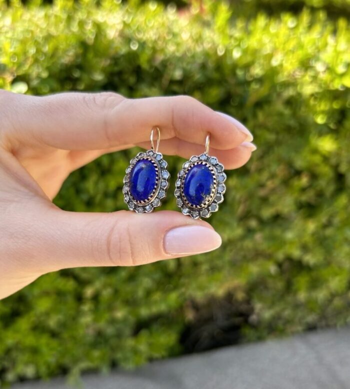 Cercei vintage din aur de 12k cu lapis lazuli si anturaj diamante naturale