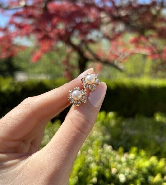 Cercei din aur de 14k cu perle si diamante naturale