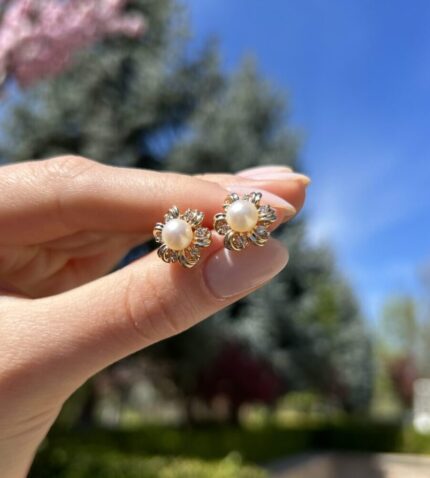 Cercei din aur de 14k cu perle si diamante naturale