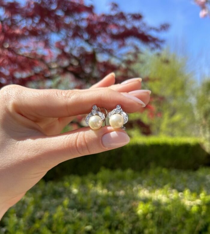 Cercei din aur alb de 18k cu perle si diamante naturale