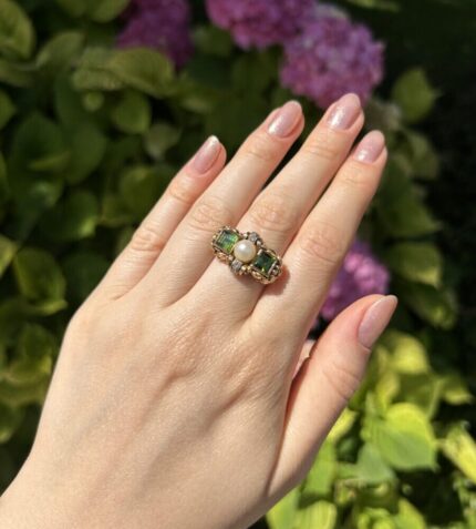 Inel Art Deco din aur de 14k cu turmalina verde, perla si diamante naturale