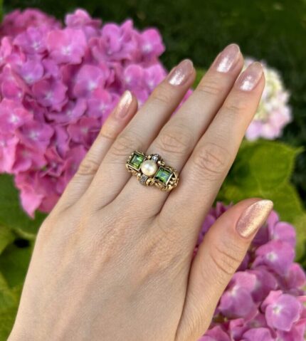 Inel Art Deco din aur de 14k cu turmalina verde, perla si diamante naturale