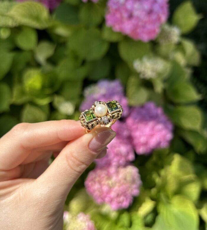 Inel Art Deco din aur de 14k cu turmalina verde, perla si diamante naturale